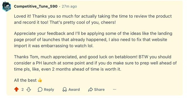 Founder testimonial thanking the reviewer and describing feedback they will apply