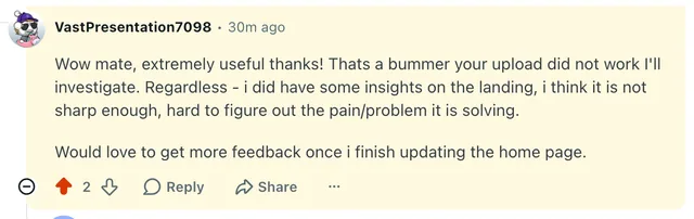 Founder testimonial screenshot from a completed BetaBloom review