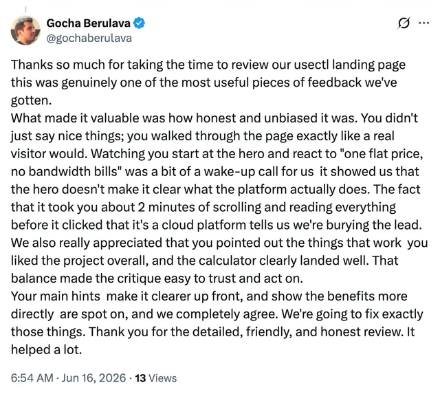 Founder testimonial screenshot from a completed BetaBloom review