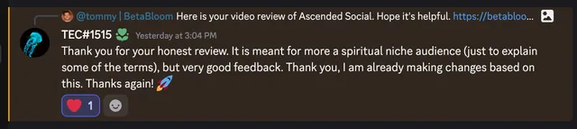 Founder testimonial screenshot from a completed BetaBloom review
