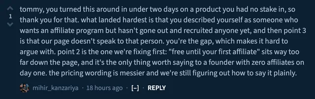 Founder testimonial screenshot from a completed BetaBloom review
