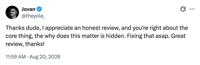 Founder testimonial screenshot from a completed BetaBloom review