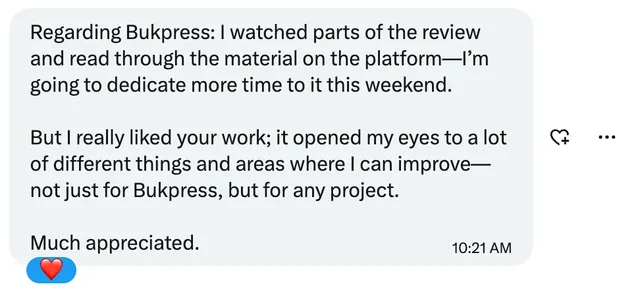 Founder testimonial screenshot from a completed BetaBloom review