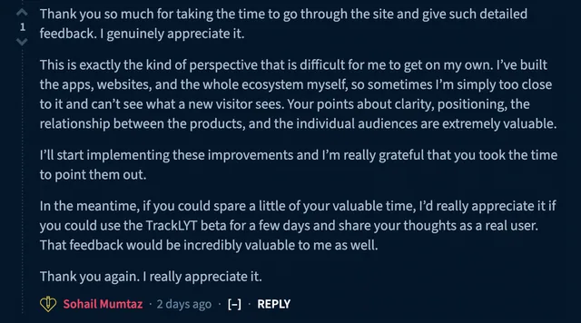 Founder testimonial screenshot from a completed BetaBloom review