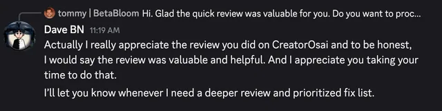 Founder testimonial screenshot from a completed BetaBloom review
