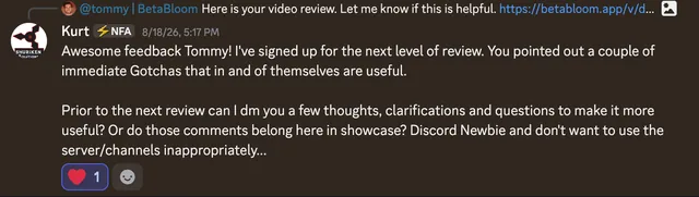 Founder testimonial praising the useful BetaBloom feedback and asking how to share follow-up thoughts