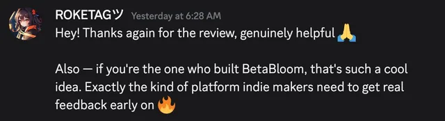 Founder testimonial calling the BetaBloom review genuinely helpful